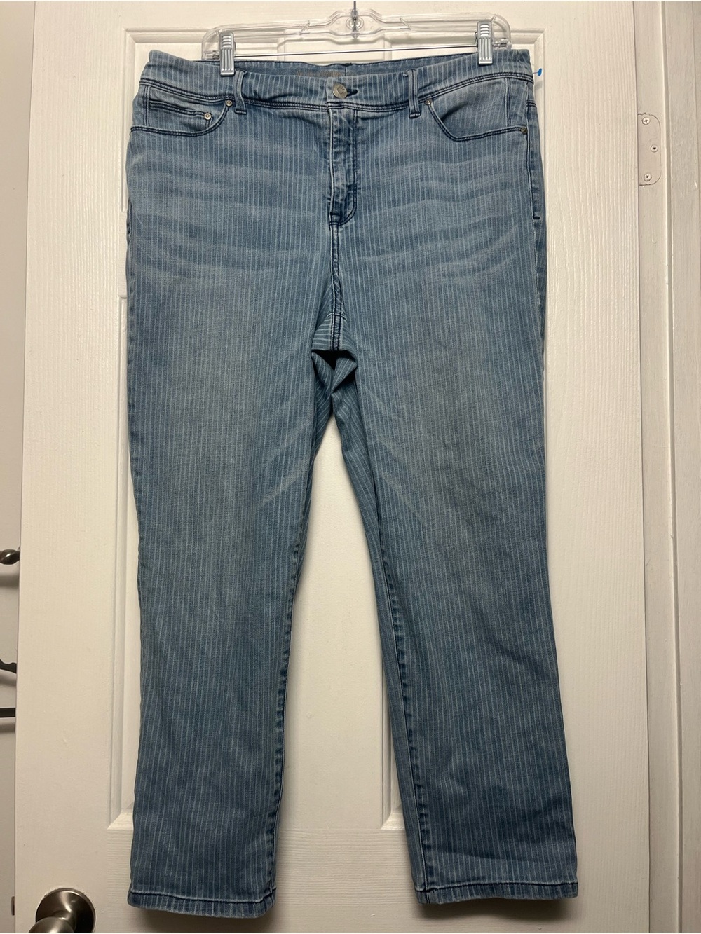 Chico's Light Blue Pinstripe Straight-Leg Jeans